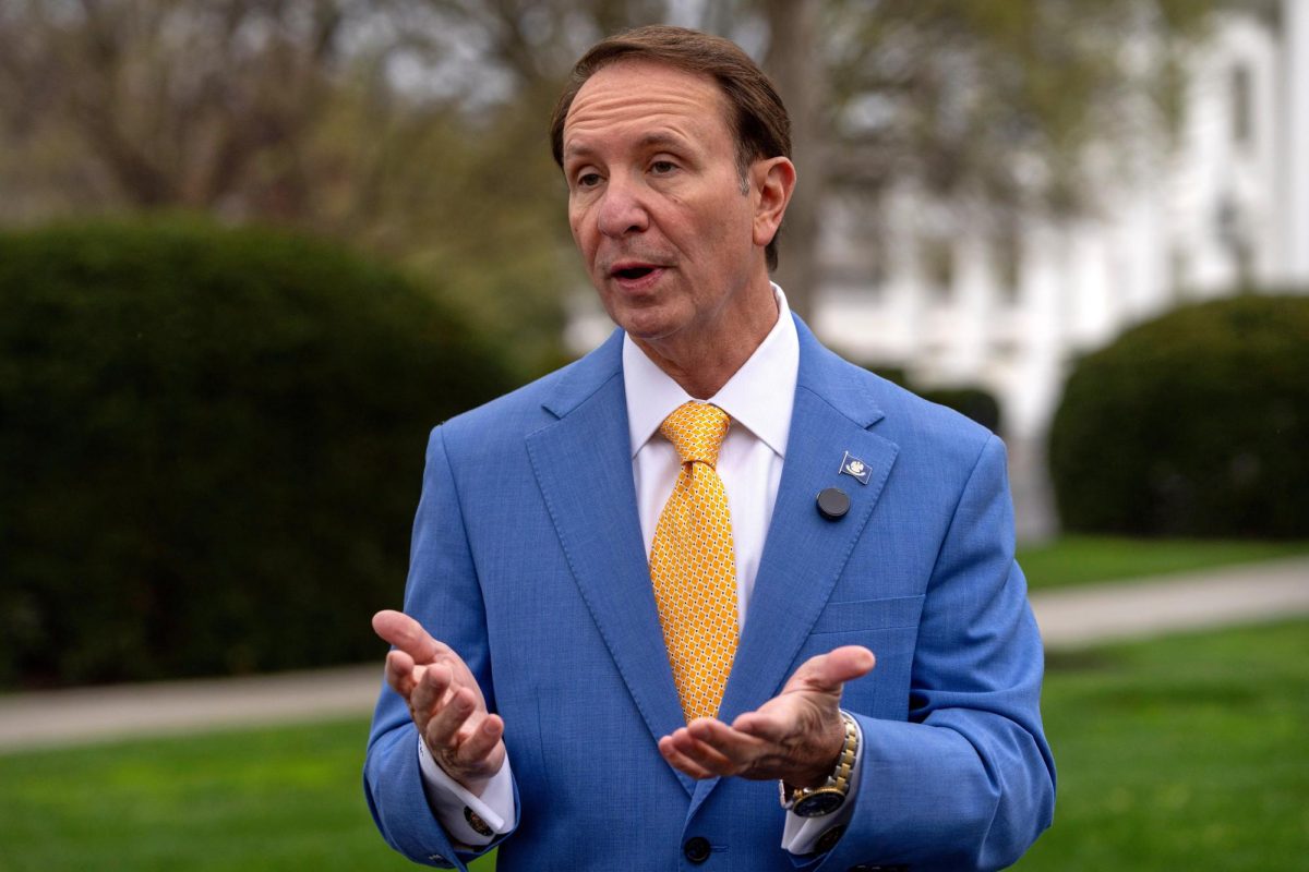 Louisiana Gov. Jeff Landry records a social media video outside the White House, March 24, 2025, in Washington. 