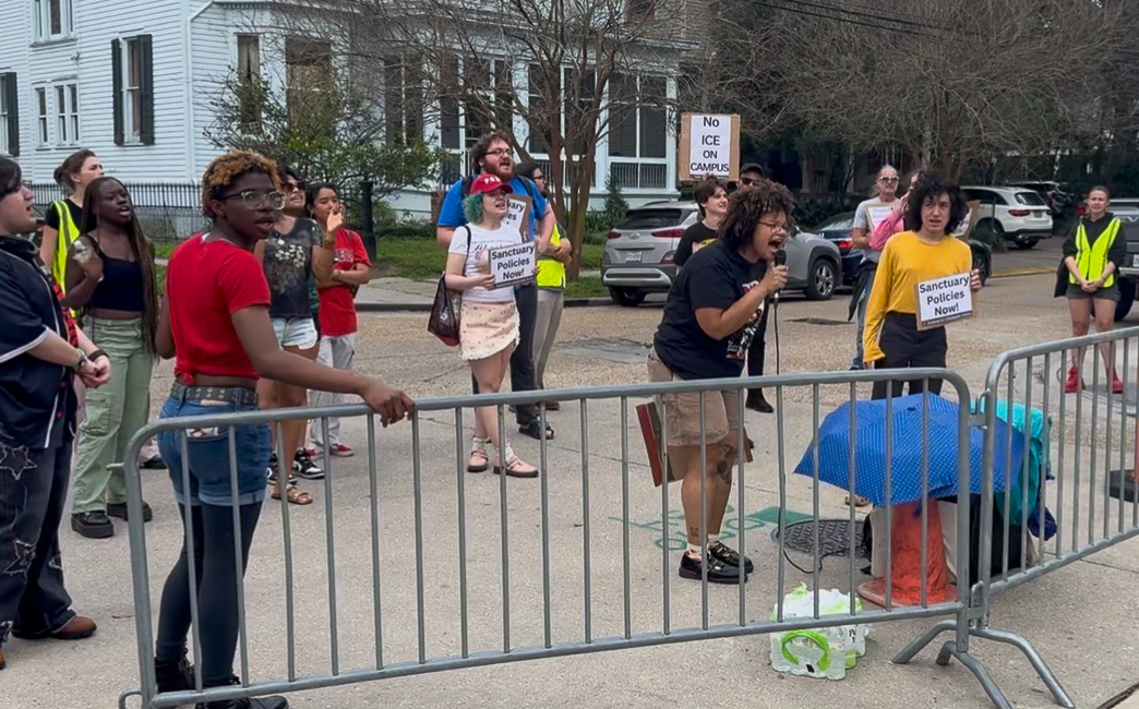 Loyola students, community members, and faculty protest on Calhoun Street on March 6, 2026. The students are advocating for immigrant sanctuary policies on Loyola's campus. 