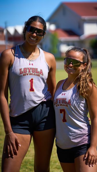 Amaya Bazemore and Isabella Rodrigue posing for a photo. The duo has been named Beach volleyball all-conference first team. Courtesy Rick Rodrigue.